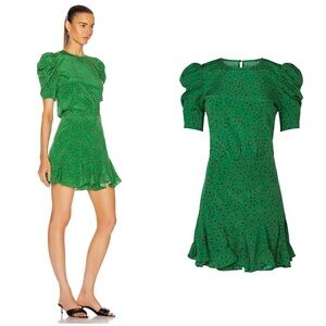 $595 NWOT Veronica Beard Lila Green Floral Puff Sleeve Ruffle Silk Mini Dress 16